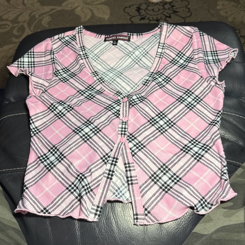 Almost Famous Pink Plaid Button Up Crop Top Size L Y2K